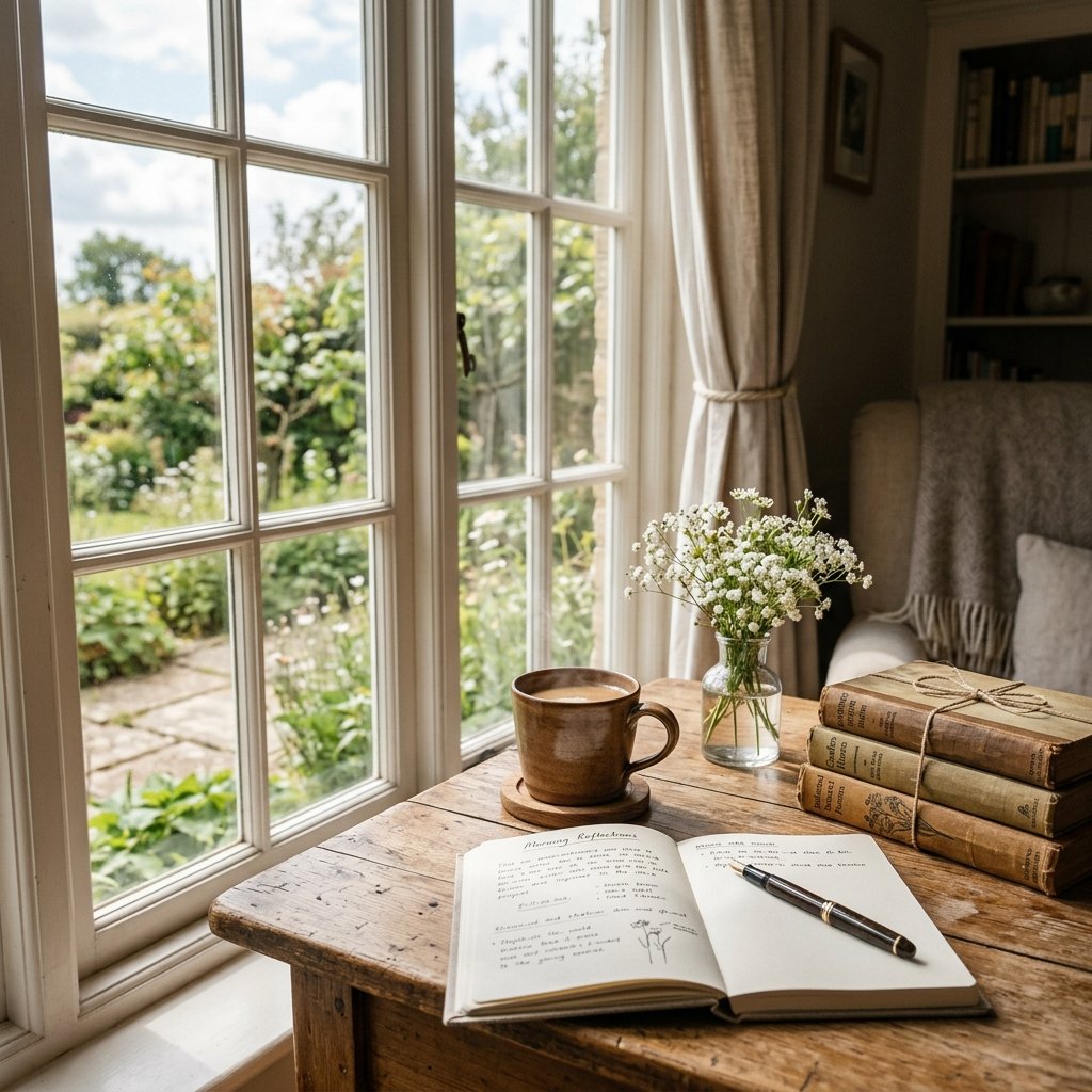 A cozy coffee and books table by a bright window